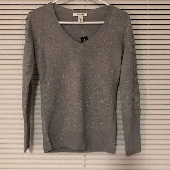NWT White House Black Market Elbow Sleeve Jewel Neck Beaded Gray Sweater